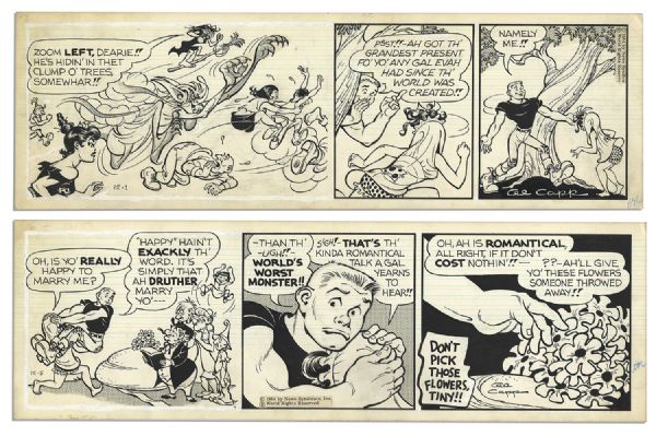 Pair of ''Li'l Abner'' 1964 Comic Strips Drawn & Signed by Al Capp -- Featuring Tiny Yokum -- 19.75'' x 6.25'' -- Toning & White Out, Near Fine