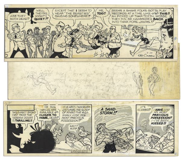 Pair of ''Li'l Abner'' 1964 Comic Strips Drawn & Signed by Al Capp -- Featuring Abner & Daisy Mae -- 19.75'' x 6.25'' -- Toning & White Out, One Is Missing Date Label -- Good