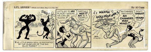 ''Li'l Abner'' Pair of 3-Panel Comic Strips From 1964 Featuring Abner in One Strip -- Hand-Drawn & Signed by Al Capp, Who Adds a Sketch to Verso -- 22.5'' x 7'' -- Toning, Near Fine