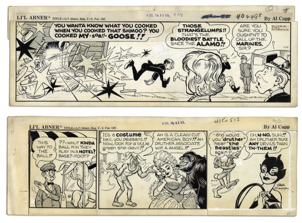 ''Li'l Abner'' Pair of Comic Strips From 1964 -- Hand-Drawn & Signed by Al Capp, Who Adds a Sketch to Verso of One Strip -- 22.5'' x 7'' -- Two Detached Panels, White Out & Toning, Good