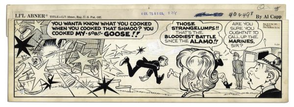 ''Li'l Abner'' Pair of Comic Strips From 1964 -- Hand-Drawn & Signed by Al Capp, Who Adds a Sketch to Verso of One Strip -- 22.5'' x 7'' -- Two Detached Panels, White Out & Toning, Good
