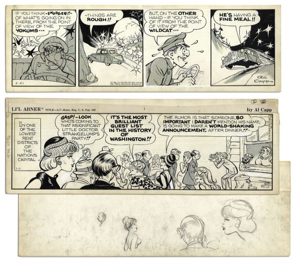 ''Li'l Abner'' Pair of Comic Strips From 1964 -- Hand-Drawn & Signed by Al Capp, Who Adds a Sketch to Verso of One Strip -- 22.5'' x 7'' -- White Out & Toning, Near Fine