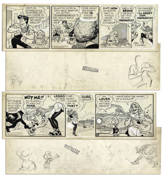 Pair of ''Li'l Abner'' Comic Strips From 11 & 12 January 1967 Featuring Abner & Honest Abe -- Hand-Drawn & Signed by Al Capp -- 20'' x 6.25'' -- Toning & White Out, Near Fine
