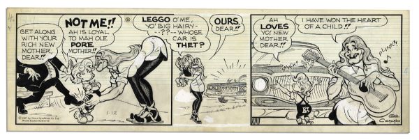 Pair of ''Li'l Abner'' Comic Strips From 11 & 12 January 1967 Featuring Abner & Honest Abe -- Hand-Drawn & Signed by Al Capp -- 20'' x 6.25'' -- Toning & White Out, Near Fine