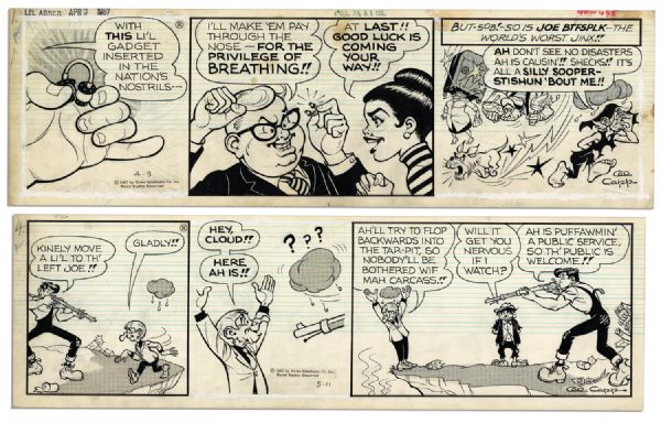 ''Li'l Abner'' Pair of Comic Strips Hand-Drawn & Signed by Al Capp From 4 April & 11 May 1967 -- Featuring Li'l Abner & Joe Btfsplk -- 19.75'' x 6.25'' -- Sketch to Verso, Near Fine