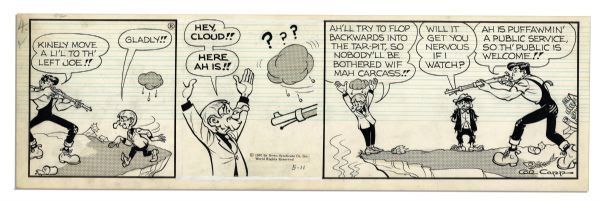 ''Li'l Abner'' Pair of Comic Strips Hand-Drawn & Signed by Al Capp From 4 April & 11 May 1967 -- Featuring Li'l Abner & Joe Btfsplk -- 19.75'' x 6.25'' -- Sketch to Verso, Near Fine