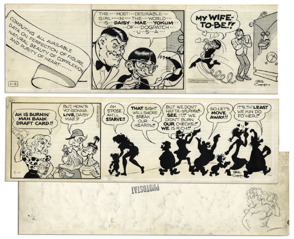 ''Li'l Abner'' Pair of Comic Strips From 8 January & 12 February 1966 -- With Daisy Mae & Honest Abe -- Drawn & Signed by Al Capp, Who Adds a Sketch to Verso -- 22.5'' x 7'' -- Toning, Near Fine