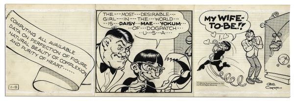 ''Li'l Abner'' Pair of Comic Strips From 8 January & 12 February 1966 -- With Daisy Mae & Honest Abe -- Drawn & Signed by Al Capp, Who Adds a Sketch to Verso -- 22.5'' x 7'' -- Toning, Near Fine