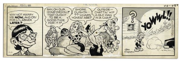 ''Li'l Abner'' Comic Strips Drawn & Signed by Al Capp from February 1966 -- Featuring Daisy Mae & Honest Abe With Sketches to Verso -- 19.75'' x 6.25'' -- Toning & White Out Else Near Fine