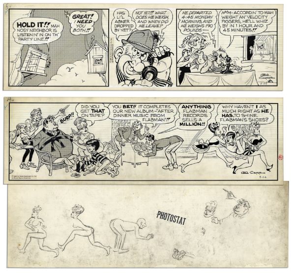 Pair of Comic Strips From 25 February & 24 March 1966 -- Hand-Drawn & Signed by Al Capp, Who Adds Sketches to Verso -- 22.5'' x 7'' -- White Out & Toning, Near Fine