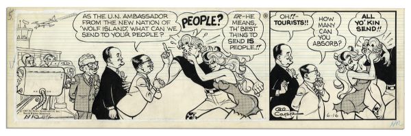 Nice Pair of Al Capp Signed ''Li'l Abner'' Strips in Ink From June of 1967 -- Featuring Li'l Abner & Daisy Mae -- With Pencil Sketches to Versos -- Measures 19.75'' x 6'' -- Near Fine