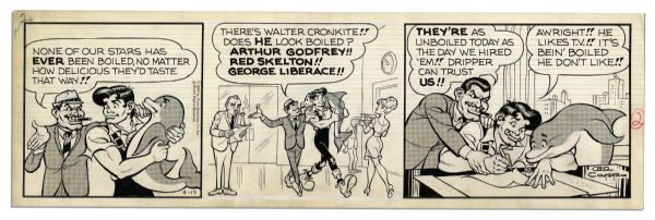 Pair of ''Li'l Abner'' Comic Strips Drawn & Signed by Al Capp From April 1966 -- With Li'l Abner, The Dolphin & Walter Cronkite -- With Sketches to Verso -- 19.75'' x 6.25'' -- Toning, Near Fine