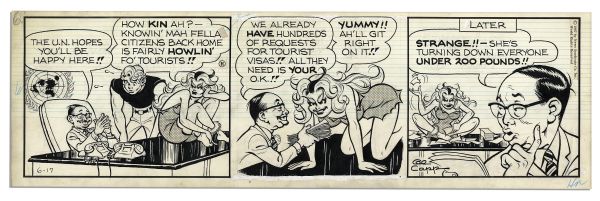 ''Li'l Abner'' Pair of Comic Strips Hand-Drawn & Signed by Al Capp From 17 & 22 June 1967 -- Featuring Wolf-Gal & Tiny Yokum With Sketches to Versos-- 19.75'' x 6.25'' -- Near Fine