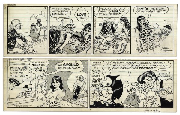 ''Li'l Abner'' Pair of 1967 Comic Strips Hand-Drawn & Signed by Al Capp -- Featuring Rare Character Marcia Perkins, Yokums & Salomey -- 19.75'' x 6.25'' -- White-Out & Toning, Near Fine