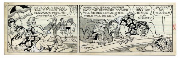 ''Li'l Abner'' Pair of Comic Strips Drawn & Signed by Al Capp From May 1967 -- The Plot to Kidnap Dripper The Dolphin -- Sketches to Verso -- 19.75'' x 6.25'' -- Toning & White Out, Near Fine