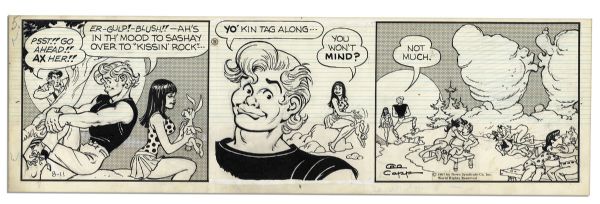 ''Li'l Abner'' Pair of Comic Strips Drawn & Signed by Al Capp From 11 & 12 August 1967 -- Featuring Tiny Yokum at Kissin' Rock -- 19.75'' x 6.25'' -- Toning & White Out, Near Fine