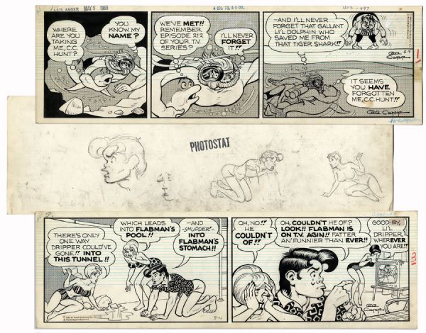 Pair of ''Li'l Abner'' Comic Strips Drawn & Signed by Al Capp From 9 & 11 May 1966 -- Featuring Li'l Abner & The Dolphin -- With Sketches to Verso -- 19.75'' x 6.25'' -- Toning, Near Fine