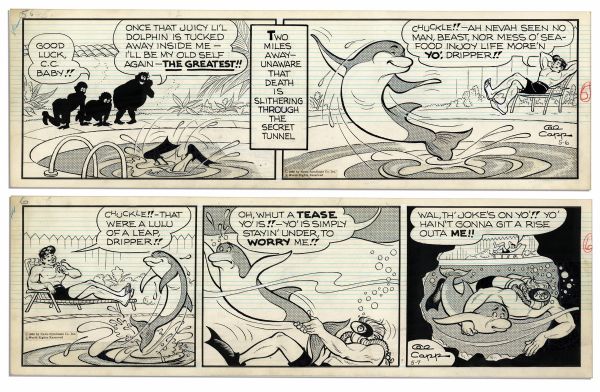 ''Li'l Abner'' Pair of Comic Strips Drawn & Signed by Al Capp From 6 & 7 May 1966 -- Featuring Li'l Abner & a Dolphin Named Dripper -- 19.75'' x 6.25'' -- Toning, Else Near Fine