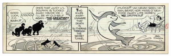''Li'l Abner'' Pair of Comic Strips Drawn & Signed by Al Capp From 6 & 7 May 1966 -- Featuring Li'l Abner & a Dolphin Named Dripper -- 19.75'' x 6.25'' -- Toning, Else Near Fine