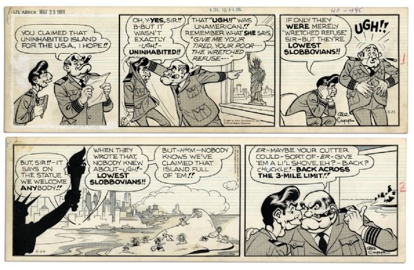 Pair of ''Li'l Abner'' Comic Strips From 23 & 24 May 1966 -- Featuring Slobbovians -- Hand-Drawn & Signed by Al Capp -- 19.75'' x 6.25'' -- Toning & White Out, Near Fine