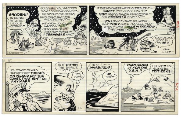 ''Li'l Abner'' Pair of Comic Strips Drawn & Signed by Al Capp From 19 and 20 May 1966 -- Immigrants vs. Hippies, Classic Capp -- 19.75'' x 6.25'' -- Toning & Minor Green Glue Residue, Near Fine