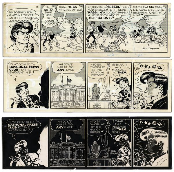 ''Li'l Abner'' Pair of Comic Strips From 1967 & 1968 -- Hand-Drawn & Signed by Al Capp -- Featuring Li'l Abner in Both Strips -- 22.5'' x 7'' -- White Out & Toning, Near Fine