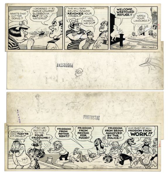 Pair of ''Li'l Abner'' Comic Strips From 27 & 28 May 1966 -- Featuring Slobbovians -- Hand-Drawn & Signed by Al Capp, Who Adds Sketches to Versos -- 19.75'' x 6.25'' -- White Out, Near Fine