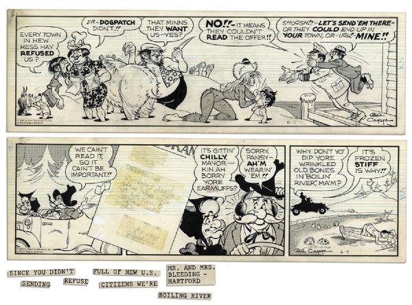 Pair of ''Li'l Abner'' Comic Strips Drawn & Signed by Al Capp From 1 & 3 June 1966 -- Featuring Unwelcome Immigrants to Dogpatch -- 19.75'' x 6.25'' -- Some Detached Text Blocks, Else Near Fine 