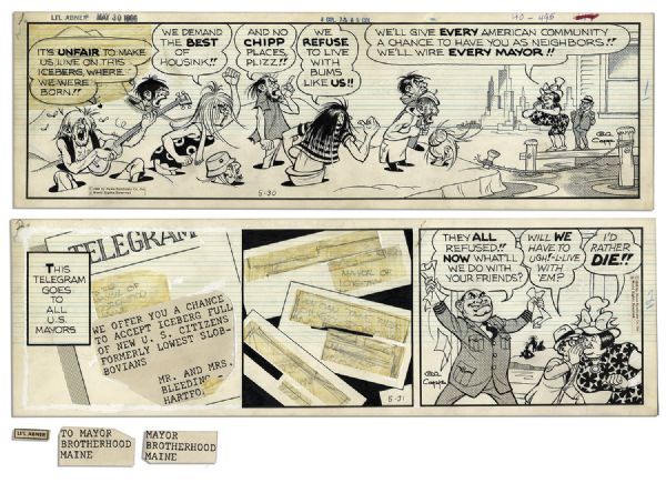 Pair of ''Li'l Abner'' Comic Strips From 25 & 26 May 1966 -- Featuring Slobbovians -- Hand-Drawn & Signed by Al Capp, Who Adds Sketches to Verso -- 19.75'' x 6'' -- Toning & White Out, Near Fine