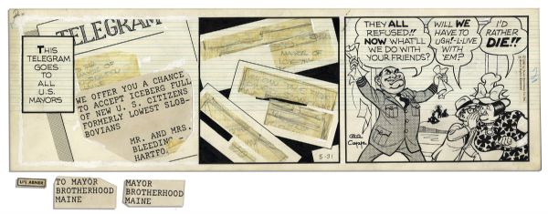 Pair of ''Li'l Abner'' Comic Strips From 25 & 26 May 1966 -- Featuring Slobbovians -- Hand-Drawn & Signed by Al Capp, Who Adds Sketches to Verso -- 19.75'' x 6'' -- Toning & White Out, Near Fine