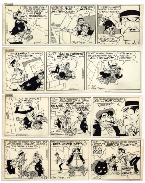 Lot of 4 ''Li'l Abner'' Comic Strips Hand-Drawn & Signed by Al Capp -- From 1-4 November 1977 -- Featuring Fearless Fosdick -- 18.5'' x 6.25'' -- Toning & White Out, Near Fine