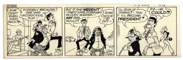 Four ''Li'l Abner'' Comics With Fosdick -- 21, 22, 28 & 29 October 1977, The Final Month of The Strip's 43 Year Run -- Drawn & Signed by Capp -- 18.75'' x 6.25'' -- Toning & White Out, Near Fine
