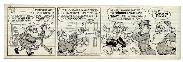 ''Li'l Abner'' Pair of Comic Strips From 1 and 2 July 1966 Featuring Santa Clause & London Scenery -- Hand-Drawn & Signed by Al Capp With Sketches to Verso -- 19.75'' x 6.25''