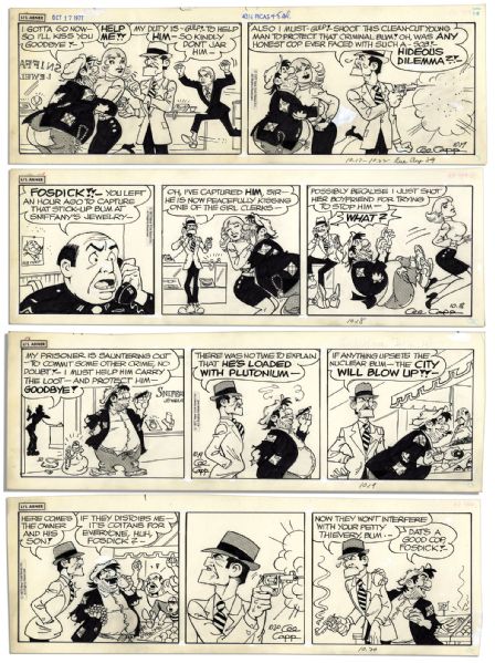 Lot of 4 ''Li'l Abner'' Comics With Fosdick -- 17-20 October 1977, The Very Last Month of The Strip's 43 Year Run -- Drawn & Signed by Al Capp -- 19.5'' x 6.25'' -- Toning & White Out, Near Fine