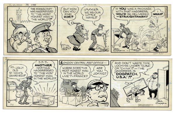 ''Li'l Abner'' Pair of Comic Strips From 4 and 5 July 1966 Featuring Santa Clause & Mention of Dogpatch -- Hand-Drawn & Signed by Al Capp -- 19.75'' x 6.25'' -- Near Fine
