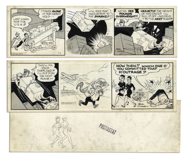 Pair of Comic Strips From 6 and 7 July 1966 -- Hand-Drawn & Signed by Al Capp With an Illustration to Verso -- 19.75'' x 6.25'' -- White Out & Toning, Near Fine