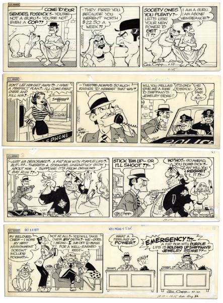 Lot of 4 ''Li'l Abner'' Comic Strips From 1977 -- The Last Year of The Comic -- Featuring Fosdick -- Hand-Drawn & Signed by Al Capp -- 19.5'' x 6.25'' -- Toning & White Out, Near Fine