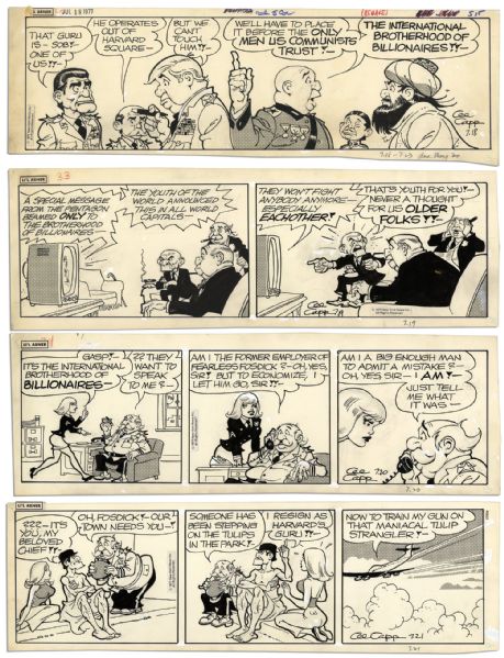 Lot of 4 ''Li'l Abner'' Comics With Fosdick -- 18-21 July 1977, The Very Last Year of The Strip's 43 Year Run -- Drawn & Signed by Capp -- 18.75'' x 6.25'' -- Toning & White Out, Near Fine