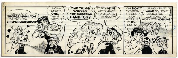 Pair of ''Li'l Abner'' Comic Strips Featuring Abner, Daisy Mae & Honest Abe -- 12 & 13 August 1966 -- Drawn & Signed by Capp -- 19.75'' x 6.25'' -- Toning & White Out, Near Fine