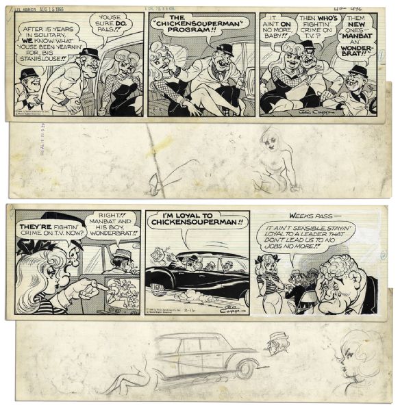 ''Li'l Abner'' Pair of Comic Strips From 15 & 16 August 1966 Featuring Stanislouse -- Drawn & Signed by Al Capp Who Adds Sketches to Versos -- 19.75'' x 6.25'' -- White Out & Toning, Near Fine