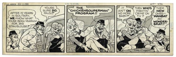 ''Li'l Abner'' Pair of Comic Strips From 15 & 16 August 1966 Featuring Stanislouse -- Drawn & Signed by Al Capp Who Adds Sketches to Versos -- 19.75'' x 6.25'' -- White Out & Toning, Near Fine