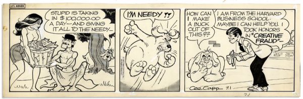 Four ''Li'l Abner'' Comics With Fosdick -- 1, 2, 15 & 16 July 1977, The Very Last Year of The Strip's 43 Year Run -- Drawn & Signed by Capp -- 18.75'' x 6.25'' -- Toning & White Out, Near Fine