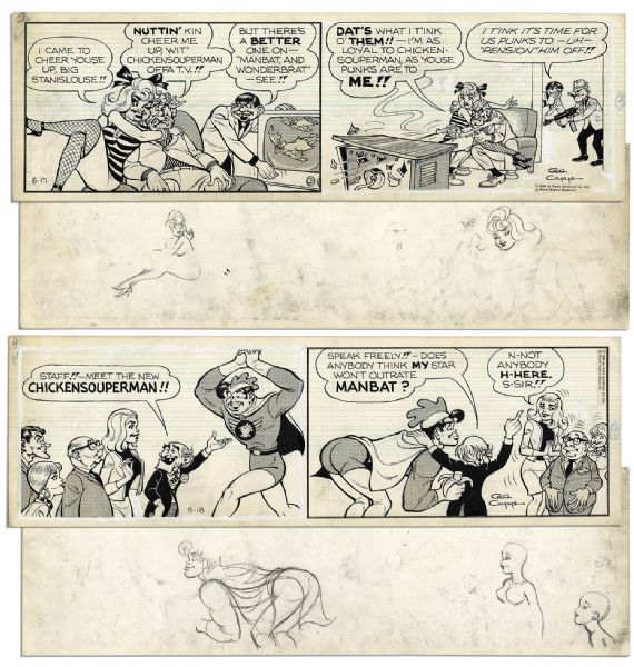 ''Li'l Abner'' Pair of Comic Strips From 17 and 18 August 1966 Featuring Big Stanislouse & ChickenSouperman -- Hand-Drawn & Signed by Al Capp -- 19.75'' x 6.25'' -- White Out & Toning, Near Fine