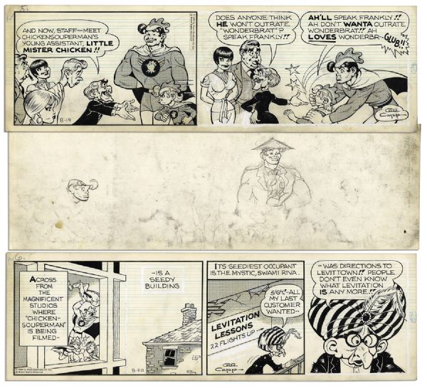 ''Li'l Abner'' Pair of Comic Strips From 19 and 20 August 1966 Featuring ChickenSouperman -- Hand-Drawn & Signed by Al Capp -- 19.75'' x 6.25'' -- White Out & Toning, Near Fine