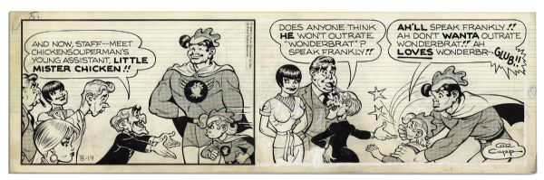 ''Li'l Abner'' Pair of Comic Strips From 19 and 20 August 1966 Featuring ChickenSouperman -- Hand-Drawn & Signed by Al Capp -- 19.75'' x 6.25'' -- White Out & Toning, Near Fine