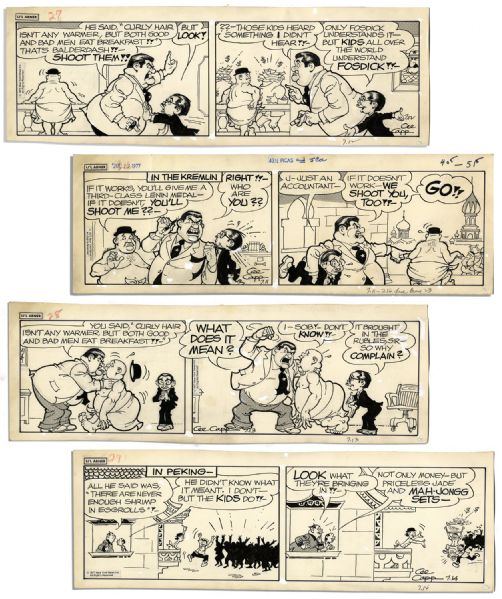 Four ''Li'l Abner'' Comic Strips-- 11-14 July 1977, The Last Year of The Strip's Run -- Drawn & Signed by Capp -- Russian Fosdick Storyline -- 18.75'' x 6.25'' -- Toning & White Out, Near Fine