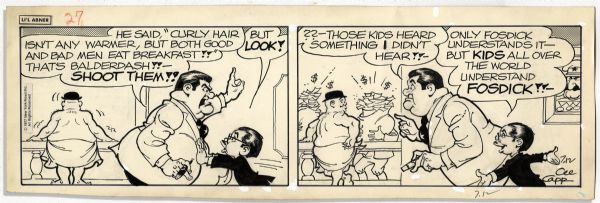Four ''Li'l Abner'' Comic Strips-- 11-14 July 1977, The Last Year of The Strip's Run -- Drawn & Signed by Capp -- Russian Fosdick Storyline -- 18.75'' x 6.25'' -- Toning & White Out, Near Fine