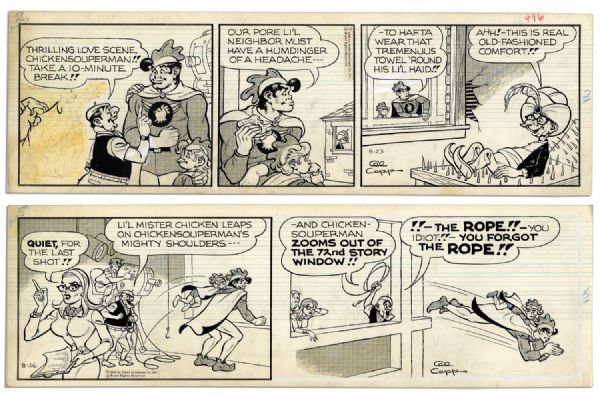 Pair of ''Li'l Abner'' Comic Strips Featuring Abner, Daisy Mae & Honest Abe -- 23 & 26 August 1966 -- Drawn & Signed by Capp -- 19.75'' x 6.25'' -- Toning & White Out, Near Fine