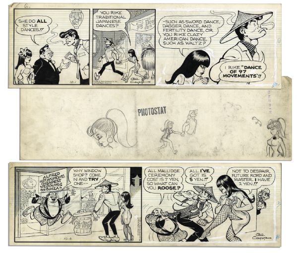 ''Li'l Abner'' Pair of 1966 Comic Strips Hand-Drawn & Signed by Al Capp -- Featuring Li'l Abner in Asia -- Each Measures 19.75'' x 6.25'' -- With Pencil Sketches to Verso