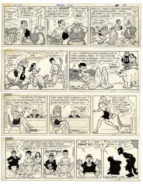 Four ''Li'l Abner'' Comic Strips With Fosdick & Capp's Word ''Balderdash'' -- 27-30 June 1977, The Strip's Last Year -- Drawn & Signed by Capp -- 19.75'' x 6.25'' -- Toning & White Out, Near Fine